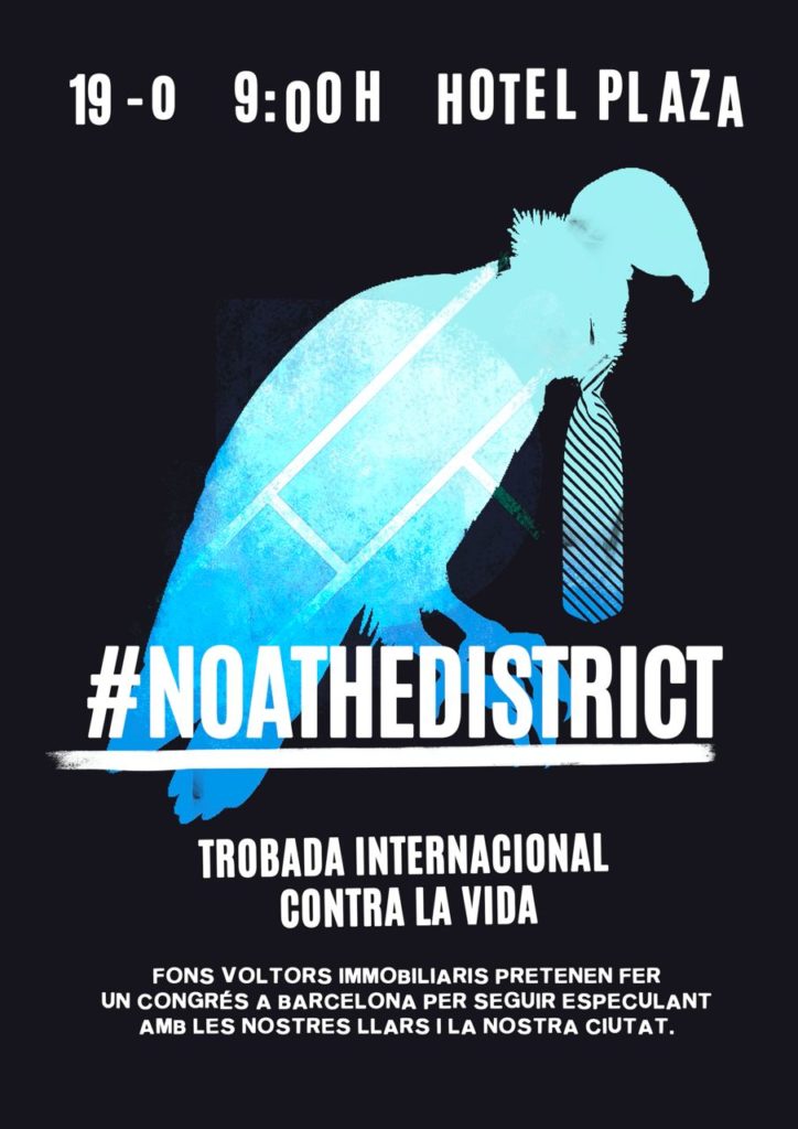 Cartell de #NoATheDistrict amb un voltor que duu corbata en color blau i les indicacions "19-O, 9 hores, Hotel Plaza"